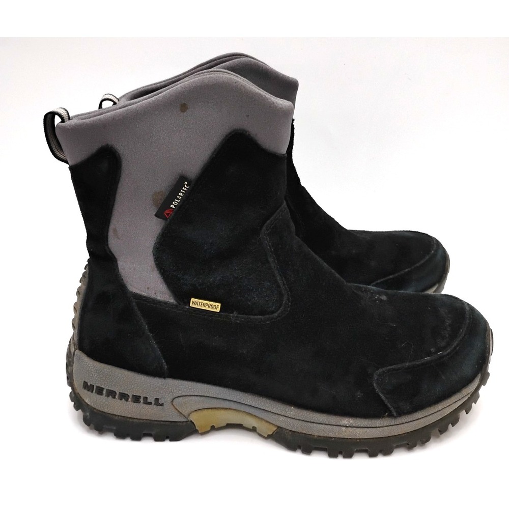 Merrell Boots Tundra Waterproof Black Polartec Pull On Hiking Shoes‎ Womens 8.5